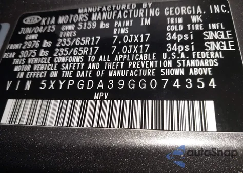 2016 Kia Sorento 2.4L Lx from USA, damaged, VIN 5XYPGDA39GG074354